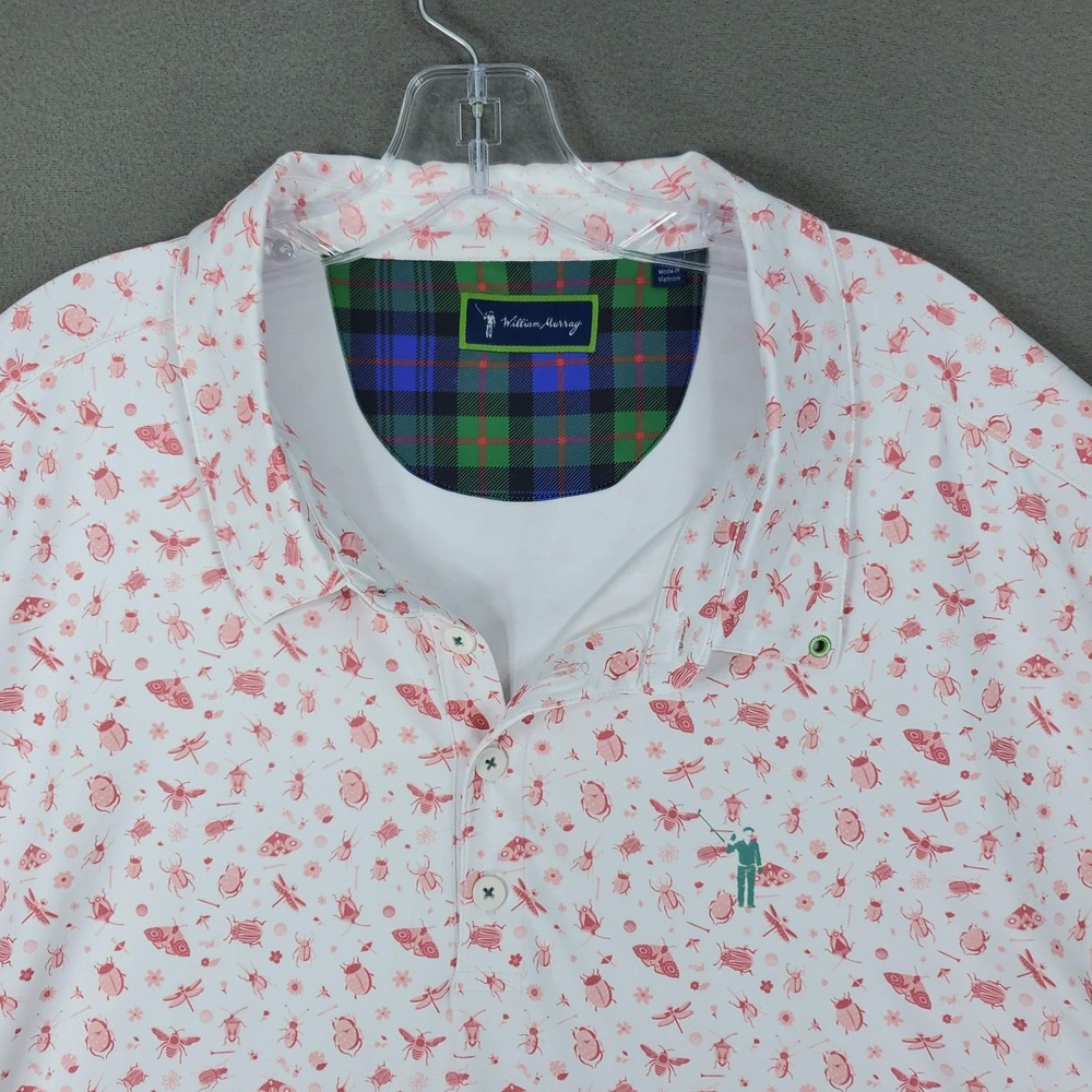 William Murray Polo Shirt Men 3XL White Red Insect Print Golf Performance Short